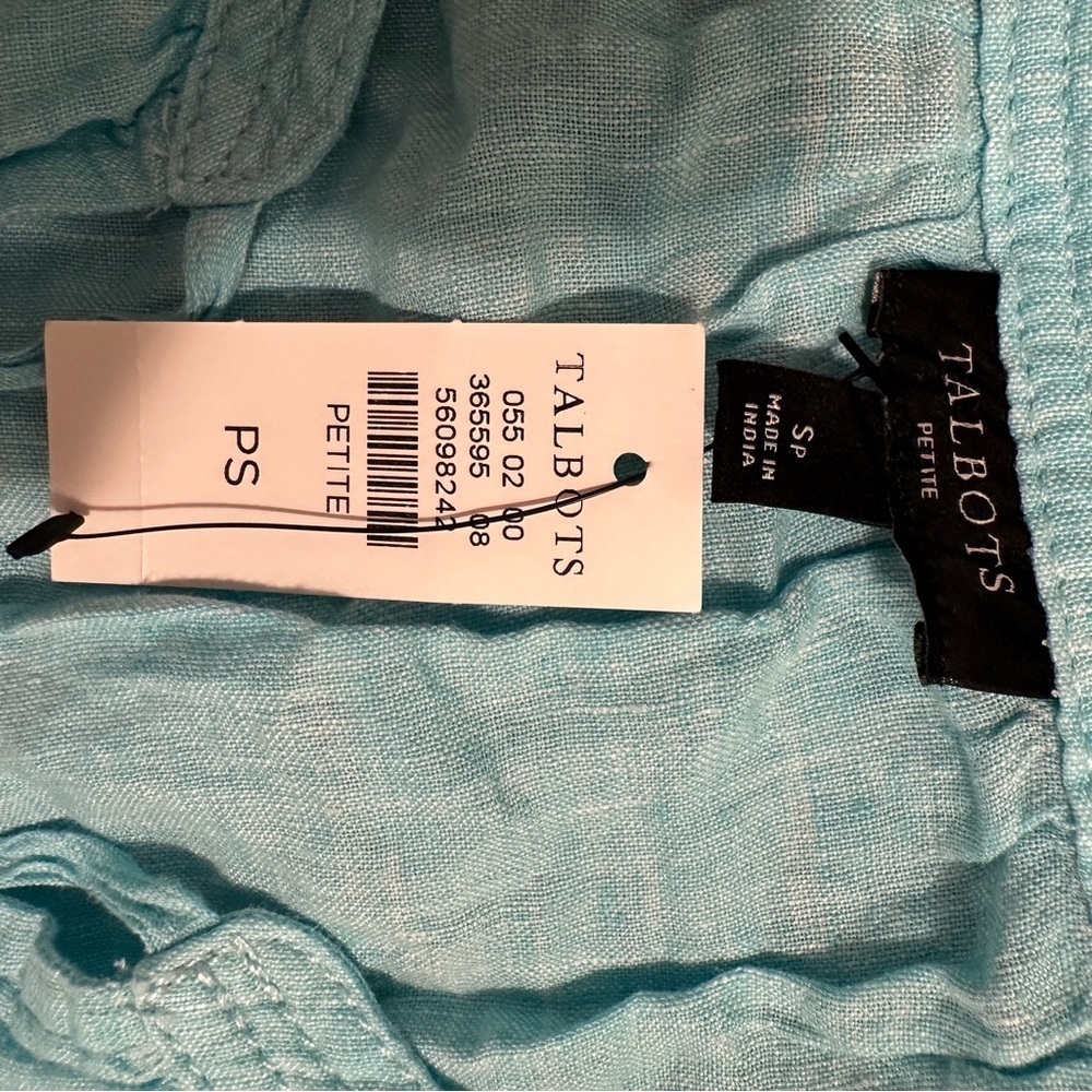 Talbots Aqua Blue Linen Peasant Tunic With Pleated Sleeves Size SP Women’s NWT - Picture 13 of 14